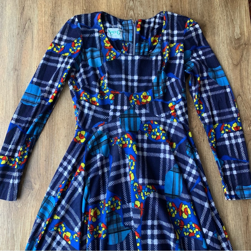 Vintage Nancy G Dress Maxi 70s Colourful Long Floral Country Plaid Blue XS Small